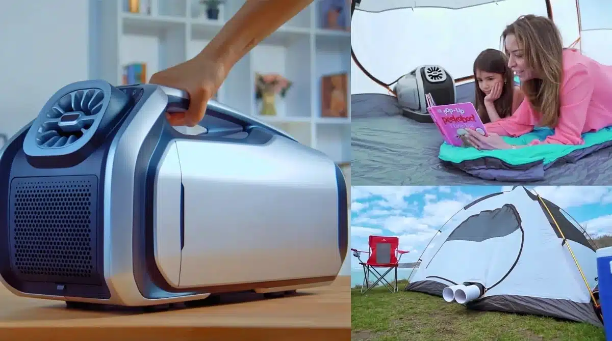 Portable air conditioner in Somersby NSW, an image of battery power aircon with mother and daughter enjoying camping with the aircon.