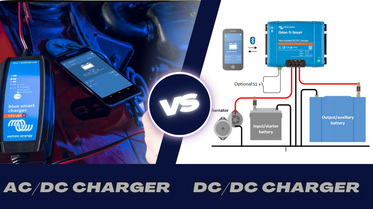 Choosing the best lithium battery charger: AC/DC charger for home charging vs. DC/DC charger for vehicle and solar charging.