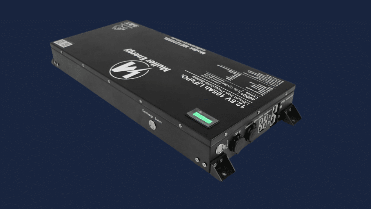 Front view of Muller Energy 12V 105Ah Slimline LiFePO₄ battery with digital display and compact design for caravans and off-grid power systems.