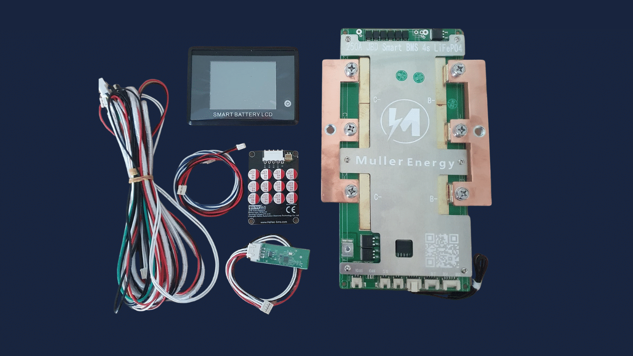 Understanding bms ft Muller Energy 12V 250A JBD Smart BMS kit with Bluetooth, wiring, LCD screen and components for DIY Lithium battery systems.