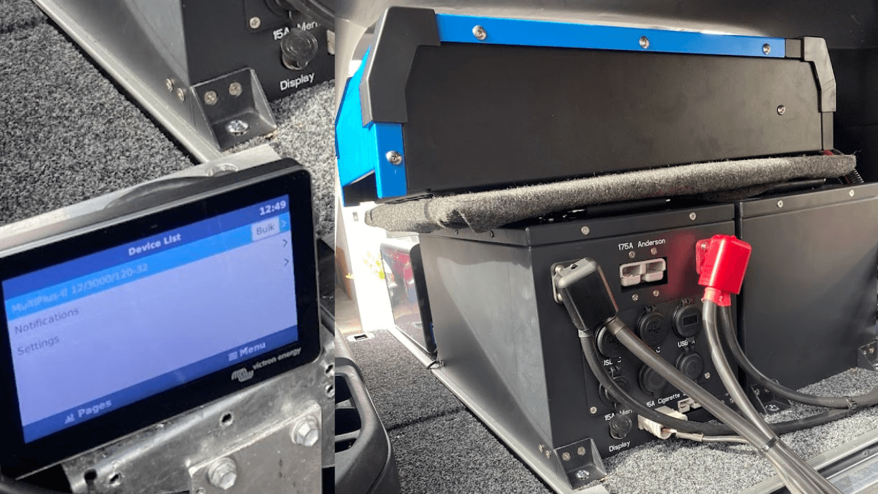 Upgrade from AGM to Lithium Batteries, A professionally installed lithium battery system with a Victron Energy monitoring screen, showing proper physical mounting, wiring, and battery connections.